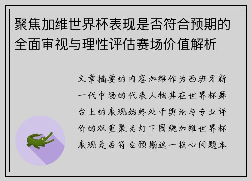 聚焦加维世界杯表现是否符合预期的全面审视与理性评估赛场价值解析