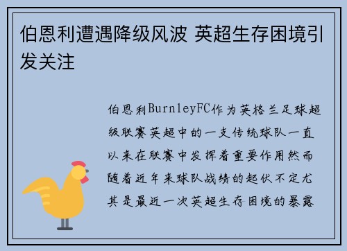 伯恩利遭遇降级风波 英超生存困境引发关注 伯恩利遭遇降级风波 英超生存困境引发关注